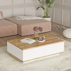 Wooden coffee table with decorative items in a living room setting