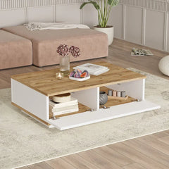 Wooden coffee table with storage compartments in a living room setting.