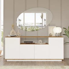 White sideboard with wooden accents in a room with a large mirror and decorative items.