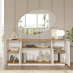 Modern interior design with a shelf, mirror, and decorative items.