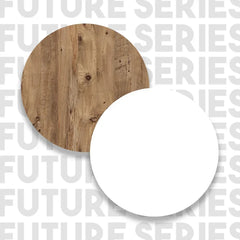 Two circular objects, one wooden and one white, on a background with 'FUTURE SERIES' text.