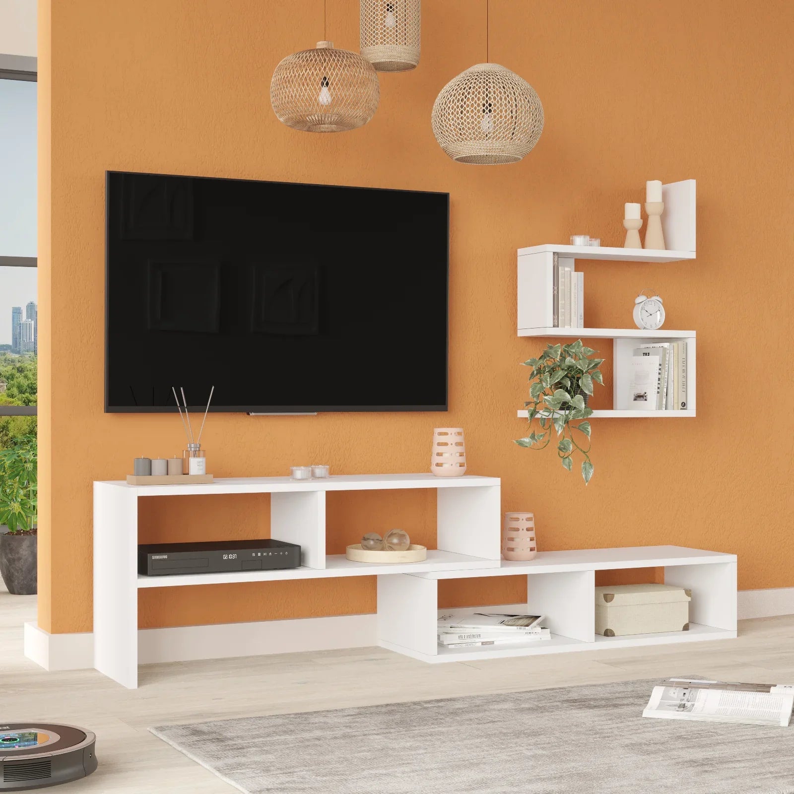 Modern living room with a white TV stand, wall-mounted shelves, and orange walls.