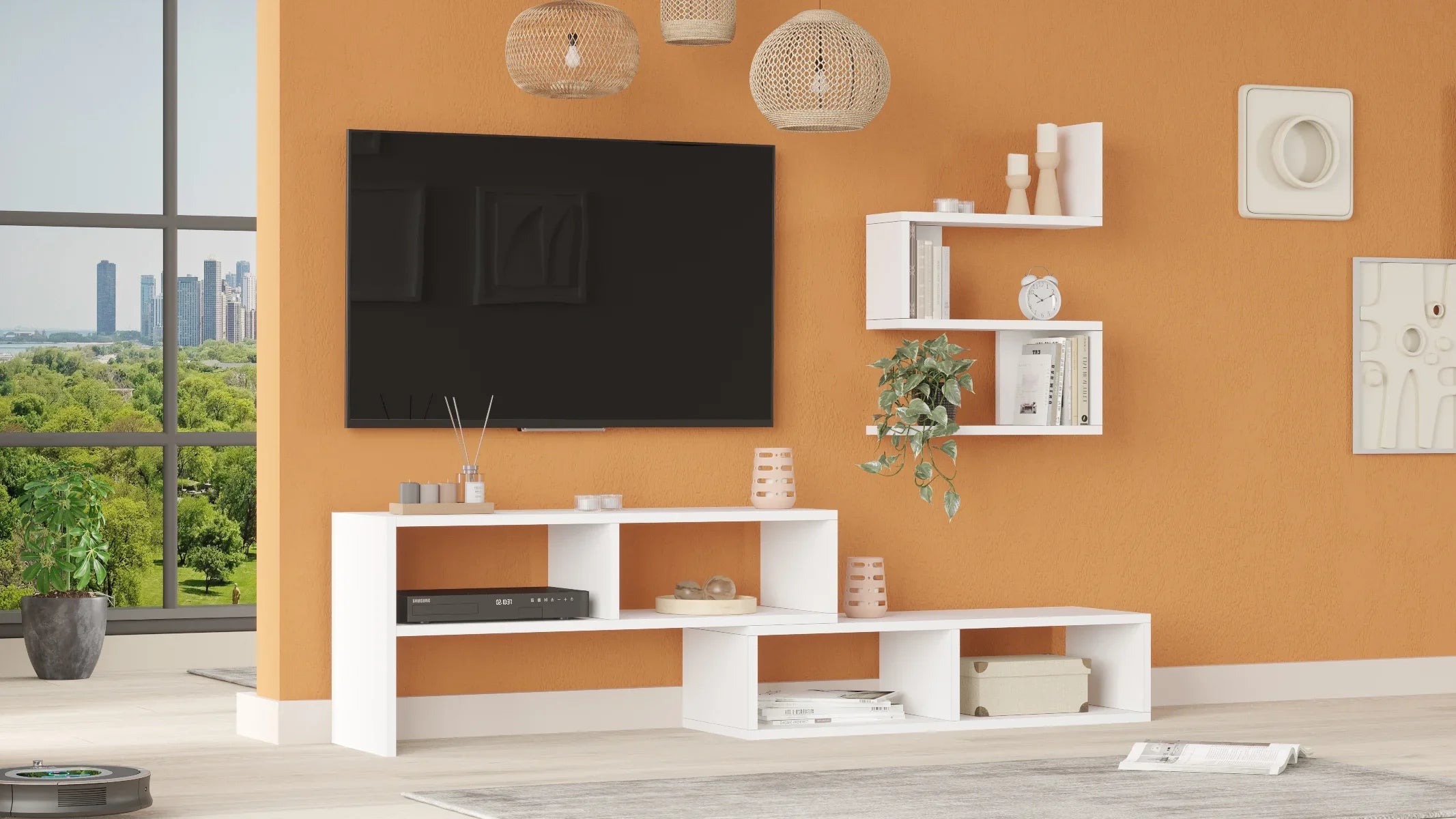 Home Canvas Clouda TV Unit with Wall Shelves – White | Modern TV Stand with Storage | Upto 55 inch TV
