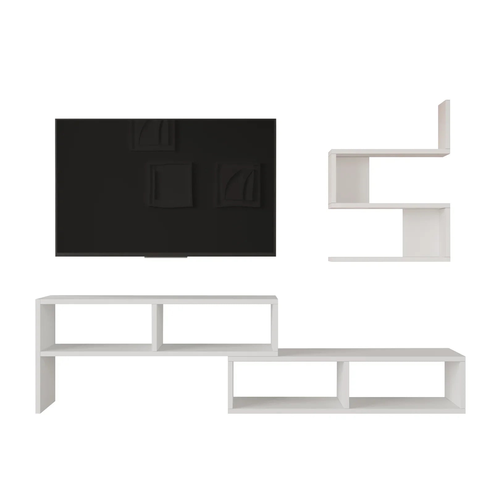 White TV stand with a black TV on a white background