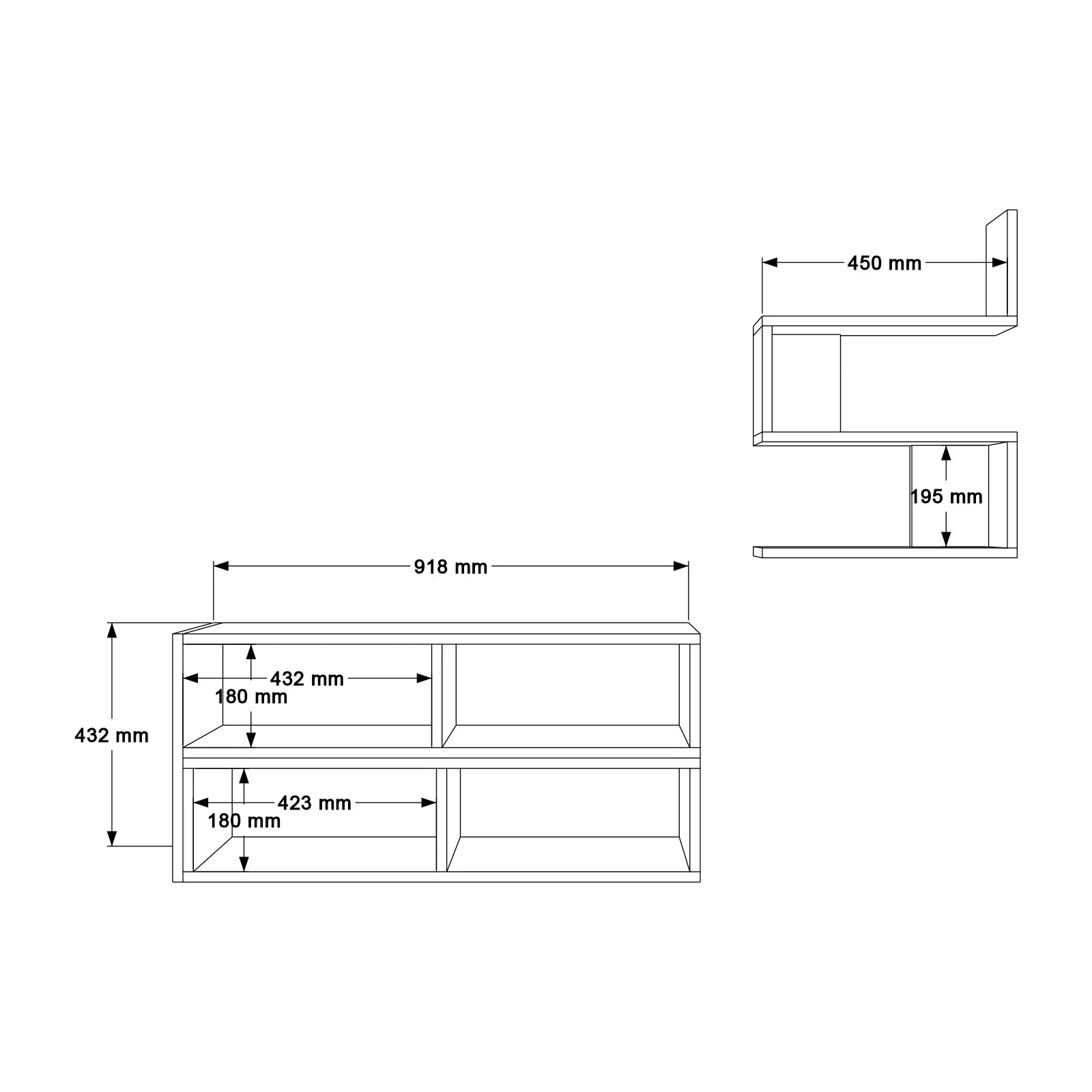 Technical drawing of a furniture piece with dimensions
