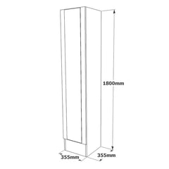 Technical drawing of a corner shower enclosure with dimensions labeled