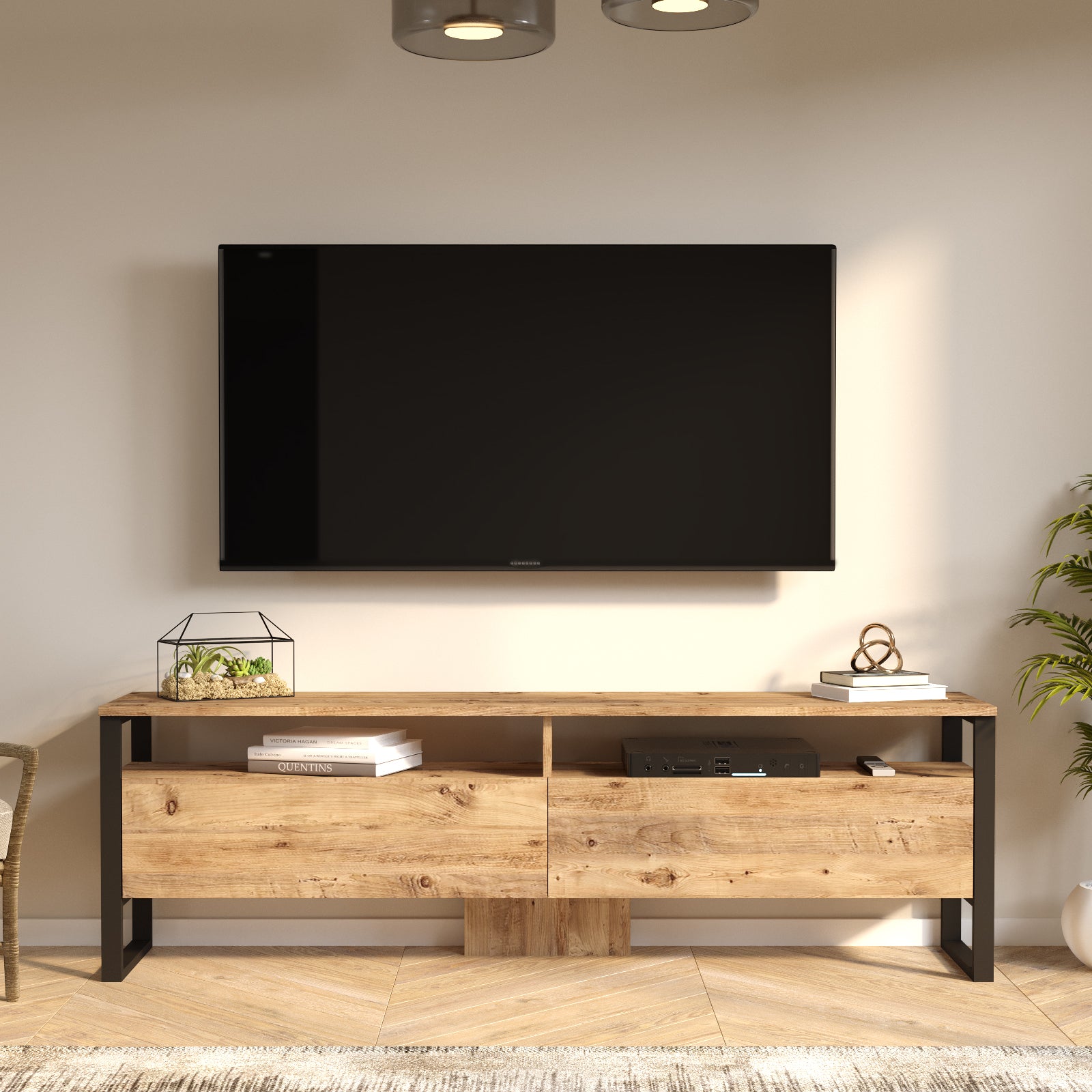 Home Canvas Royal TV Unit – Pine Wood Finish | Modern TV Stand with Metal Legs | Upto 75 inch TV