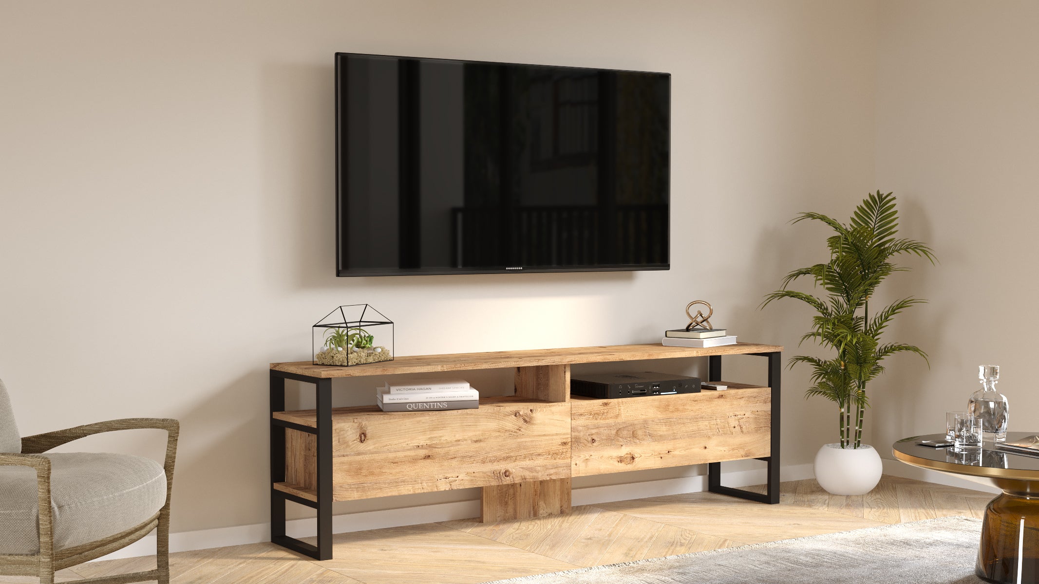 Home Canvas Royal TV Unit – Pine Wood Finish | Modern TV Stand with Metal Legs | Upto 75 inch TV