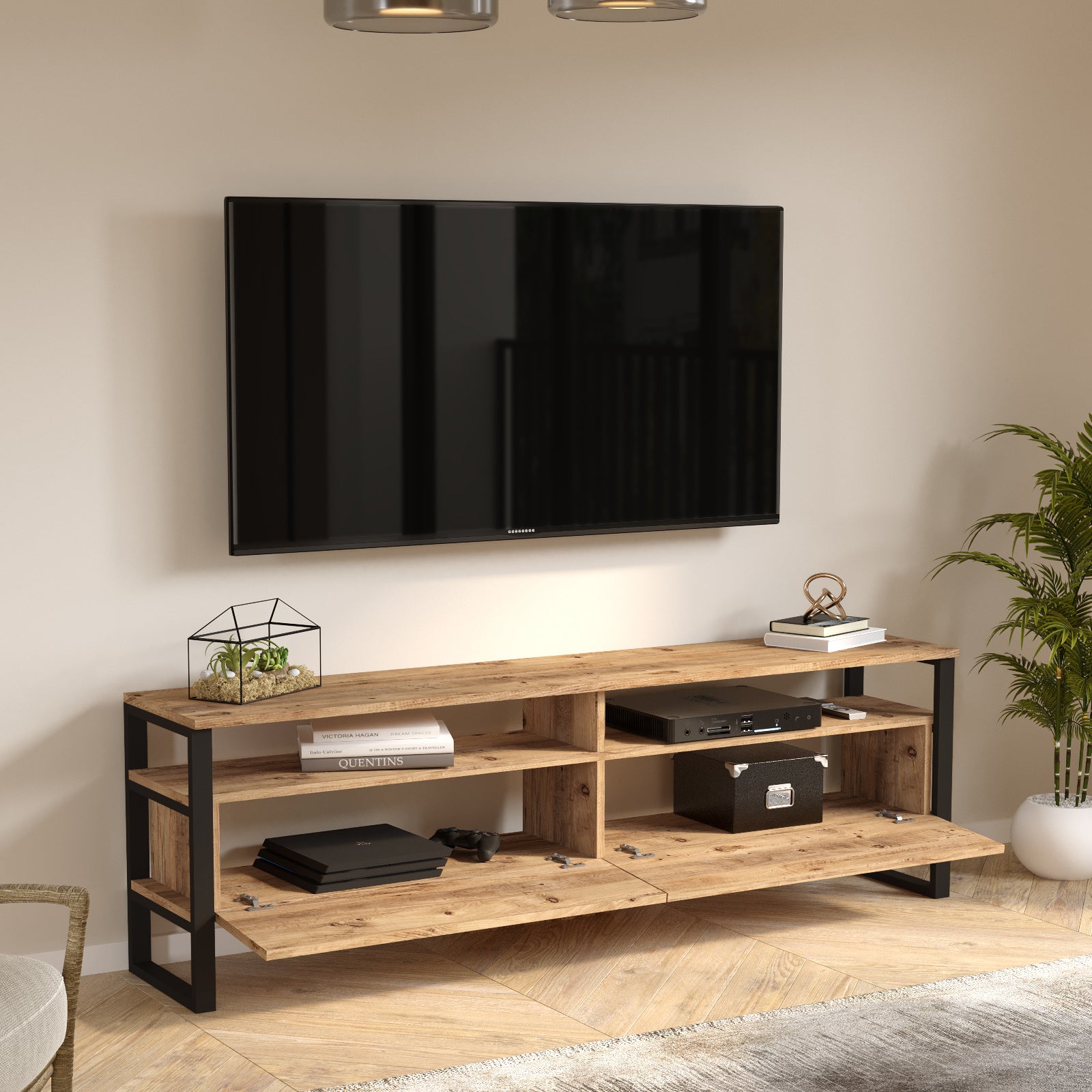 Home Canvas Royal TV Unit – Pine Wood Finish | Modern TV Stand with Metal Legs | Upto 75 inch TV