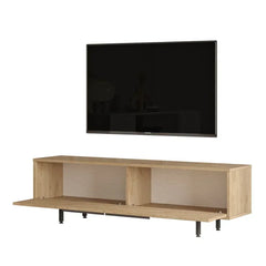 Wooden TV stand with a mounted flat-screen TV on a white background