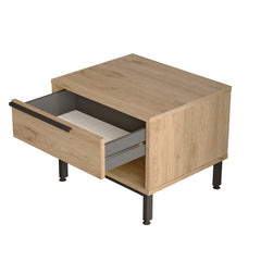 Wooden side table with a drawer on a white background