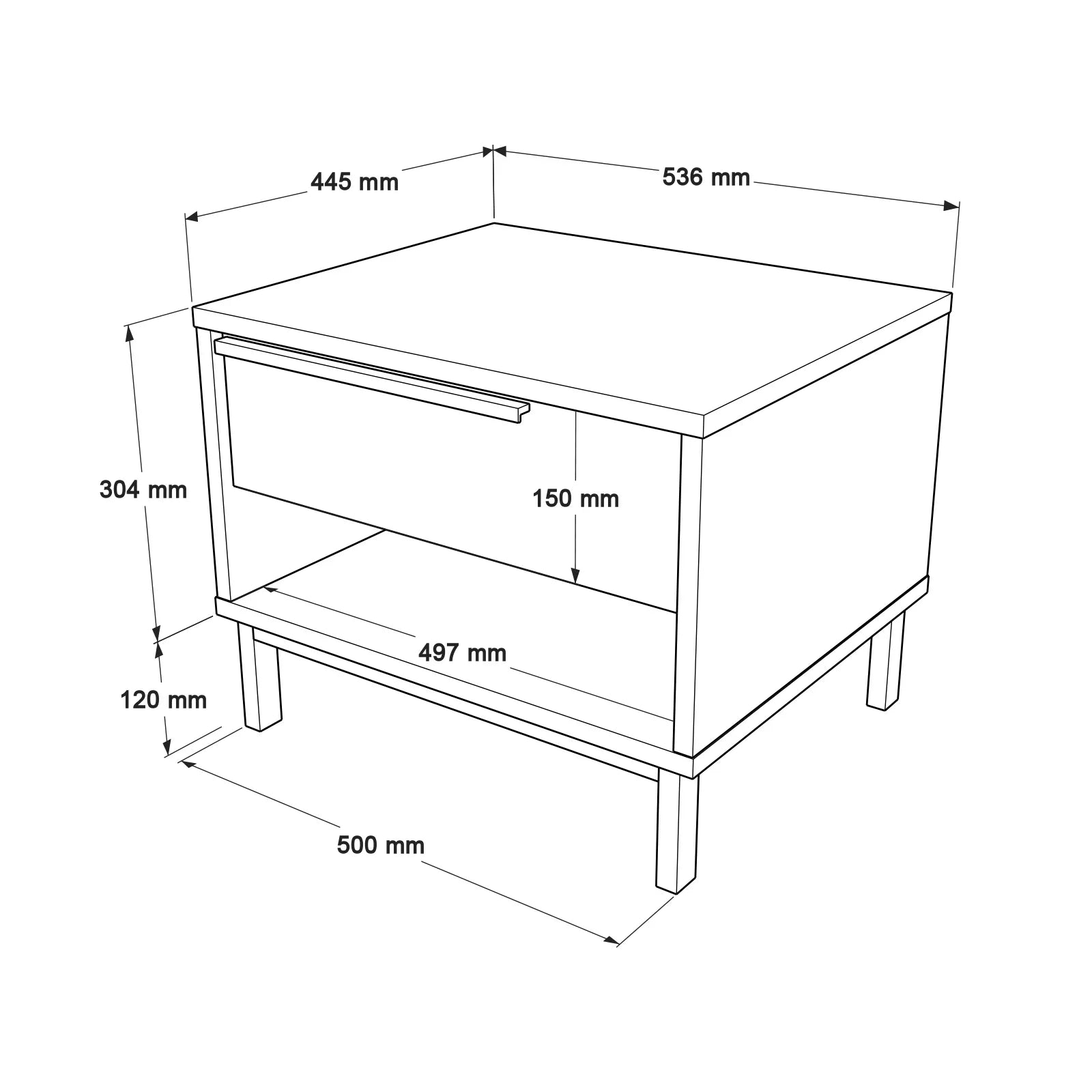 Technical drawing of a piece of furniture with dimensions labeled