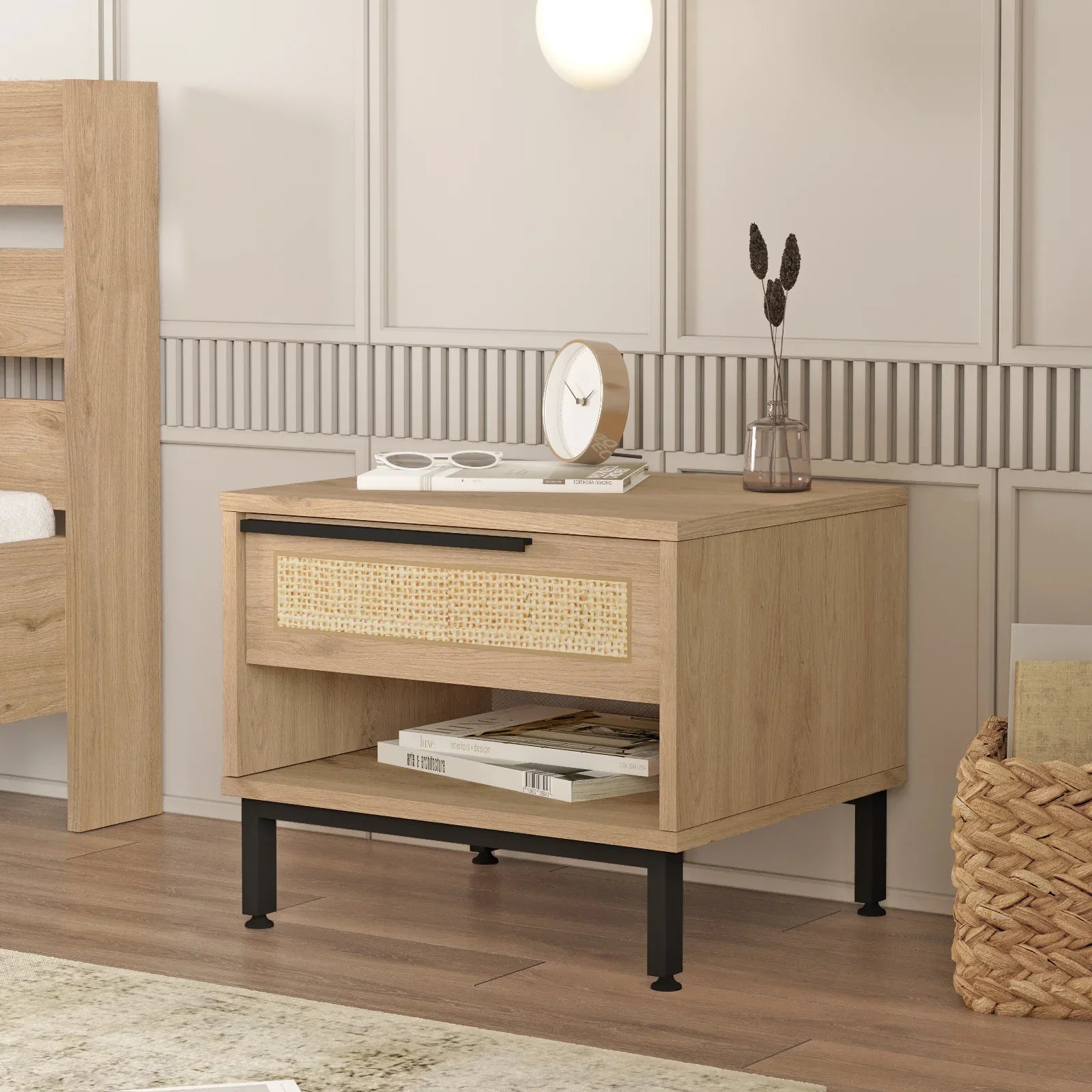 Home Canvas Ocean Bed Side Table with Drawer & Open Shelf