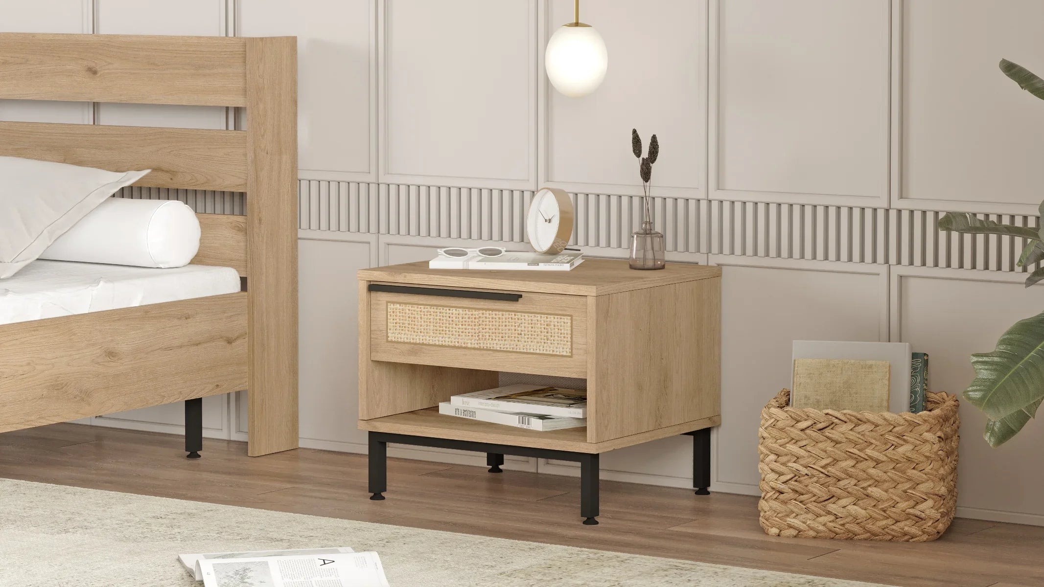 Home Canvas Ocean Bed Side Table with Drawer & Open Shelf