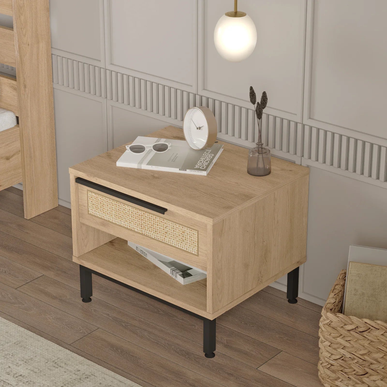Home Canvas Ocean Bed Side Table with Drawer & Open Shelf