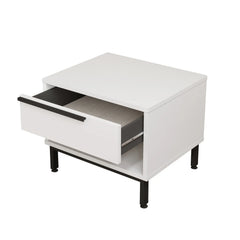 White side table with a drawer on a white background