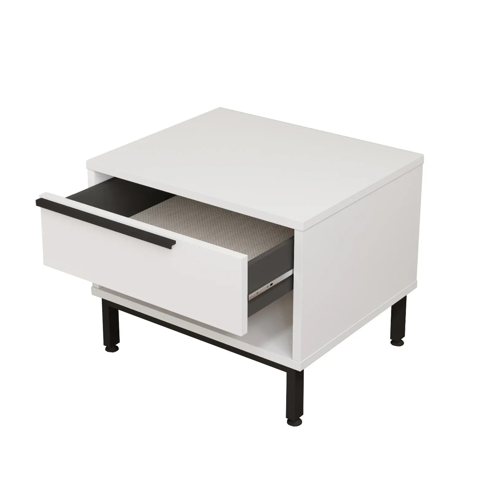 White side table with a drawer on a white background
