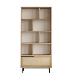 Wooden bookshelf with a woven drawer on a white background