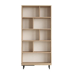 Wooden bookshelf with multiple shelves on a white background