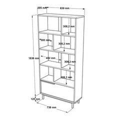 Technical drawing of a bookshelf with dimensions labeled
