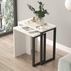 Two nesting tables with a plant and decorative items in a modern living room.
