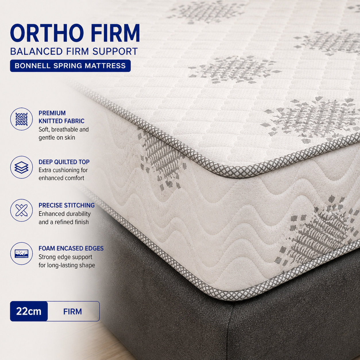 Ortho Firm Bonnell Spring Mattress 22cm thick Reversible with Knitted Fabric Queen 150x200cm