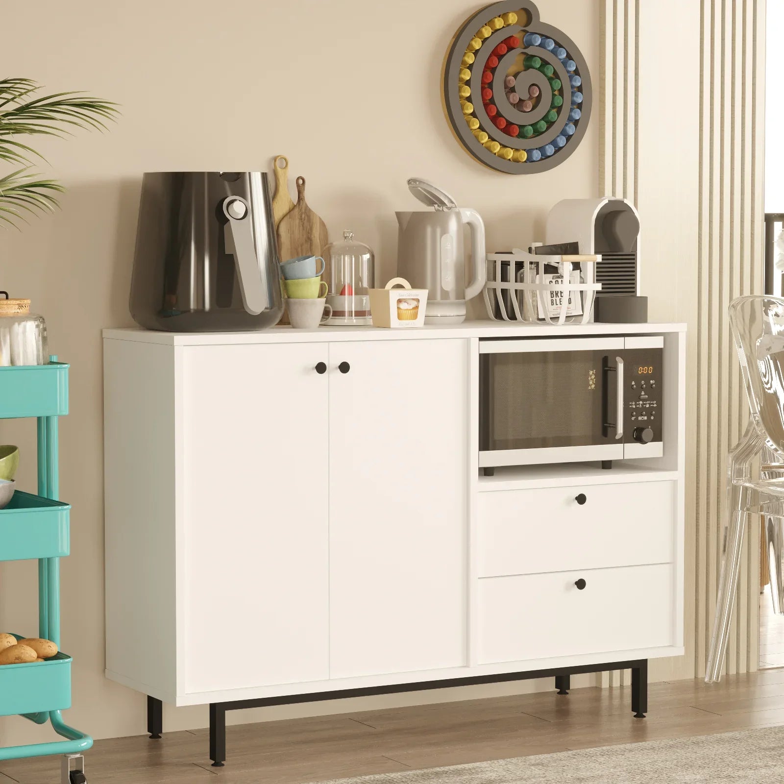 White kitchen cabinet with appliances and decor in a home setting