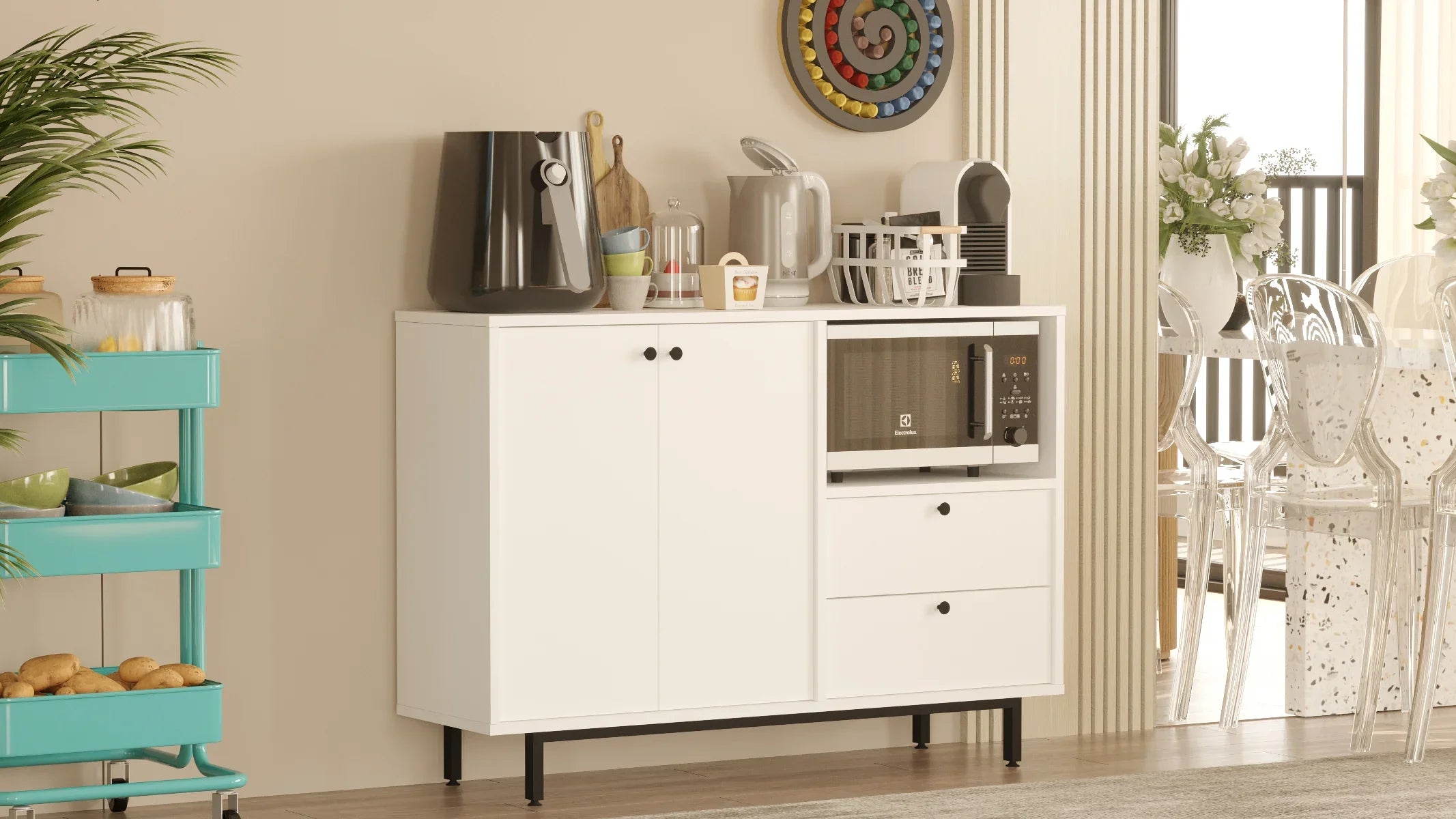 White sideboard with kitchen appliances in a room with a dining area.
