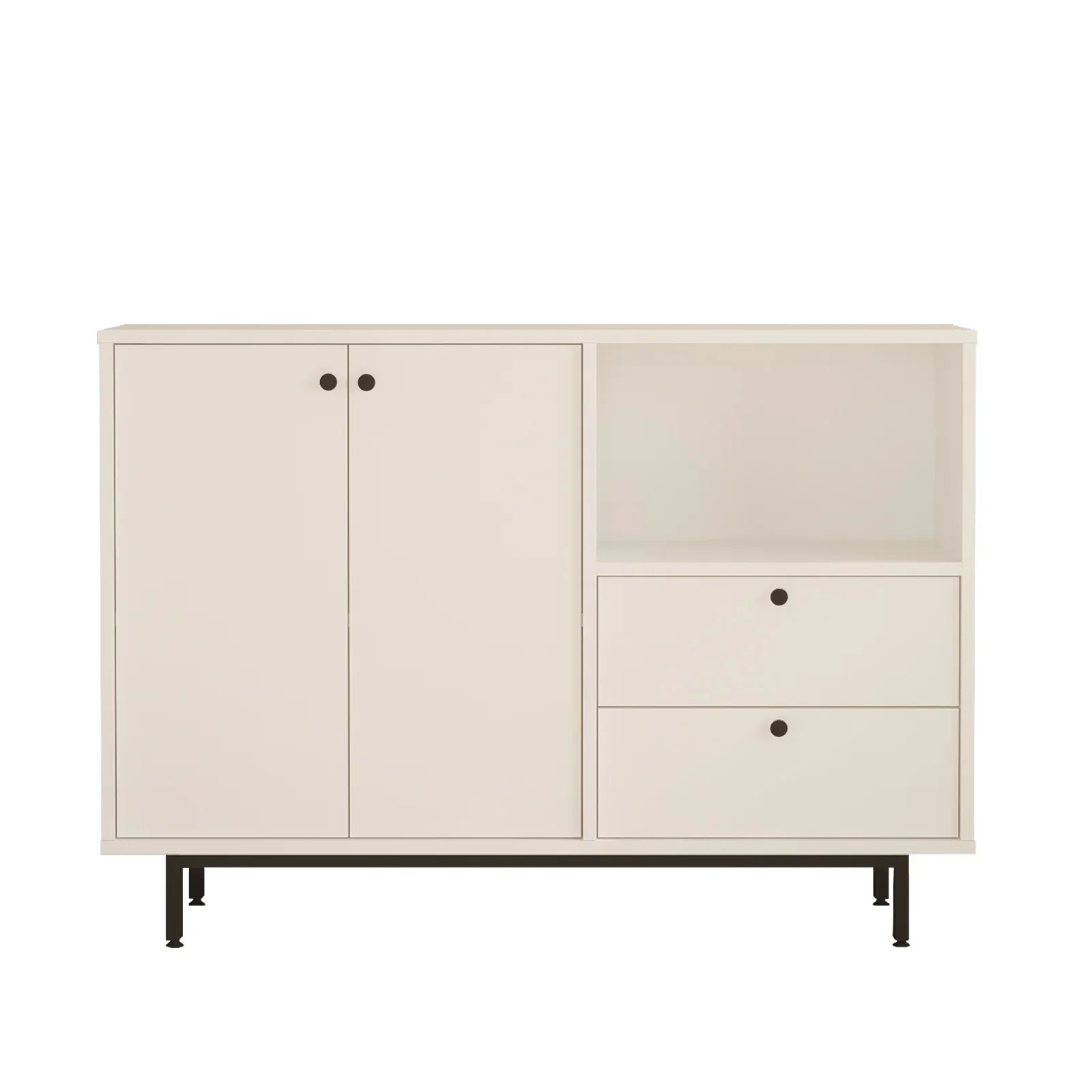 Beige storage cabinet with doors and drawers on a white background