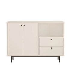 Beige storage cabinet with doors and drawers on a white background