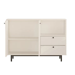 Beige sideboard with two doors and two drawers on a white background