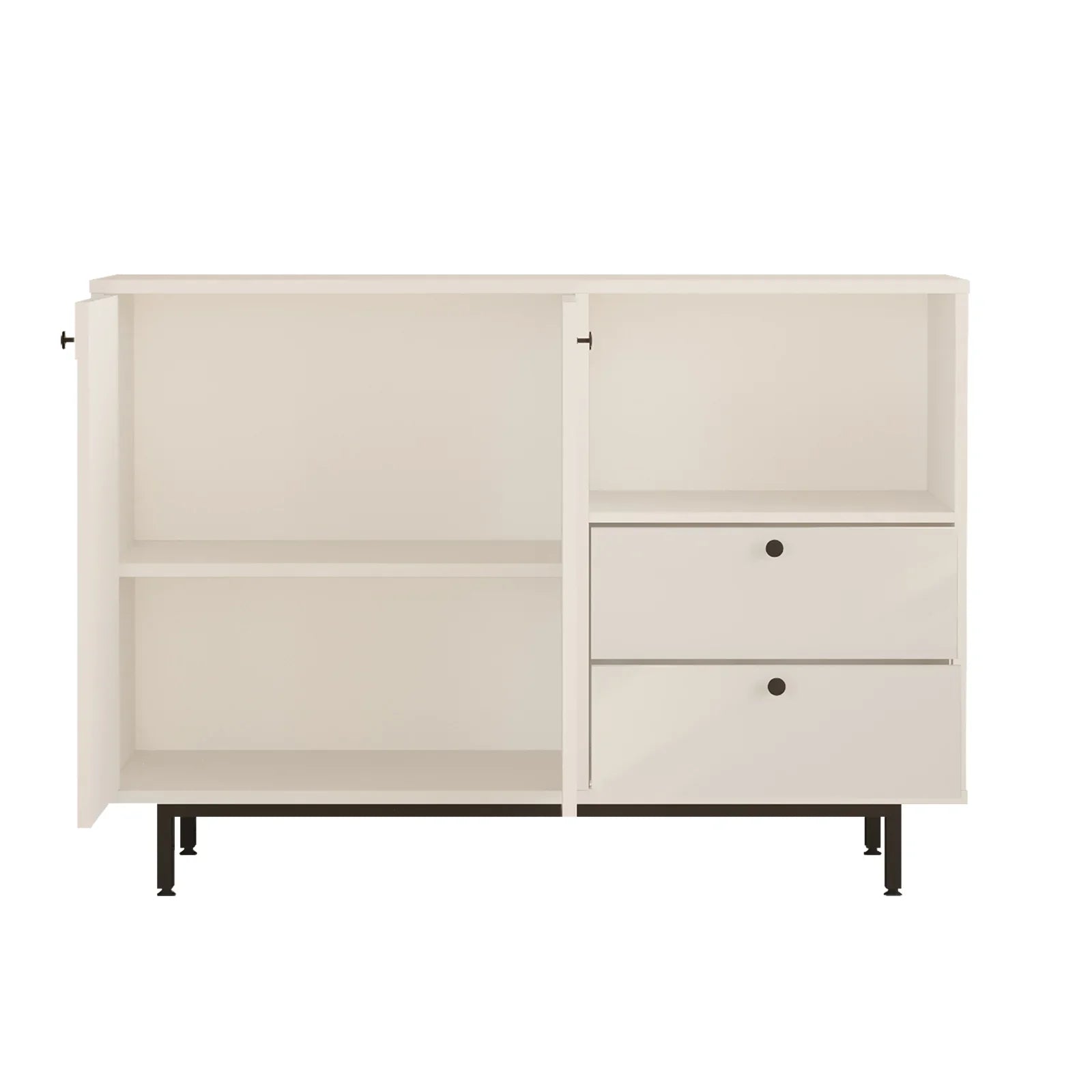 Beige sideboard with two doors and two drawers on a white background