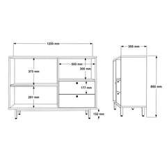 Dimensions of a piece of furniture with measurements in millimeters.