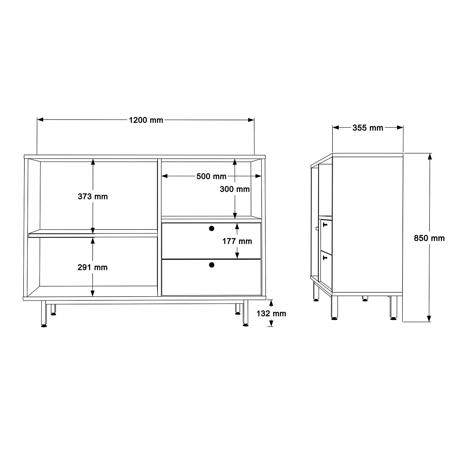 Dimensions of a piece of furniture with measurements in millimeters.