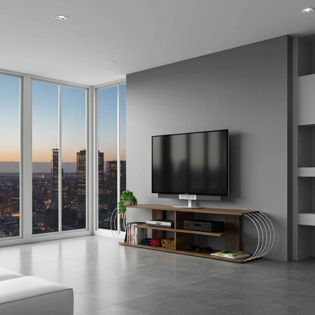 Modern living room with a TV on a wooden stand and large windows overlooking a cityscape.