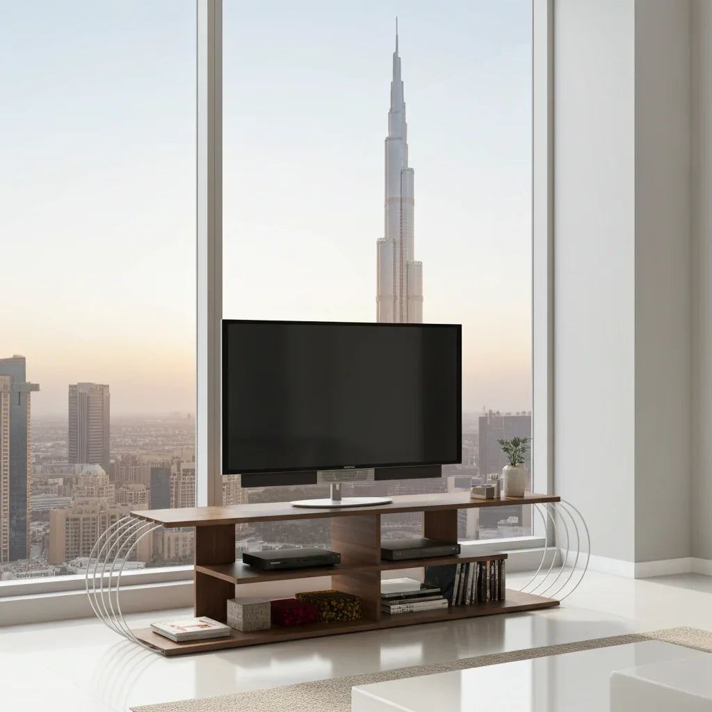 Modern TV stand with a television in a room with large windows showing a cityscape.