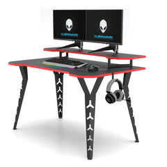 Gaming Desk – Laminated Desktop, Heavy-Duty Steel-Legs, Elevated Monitor Platform, Video Game Gadget Hook, Black