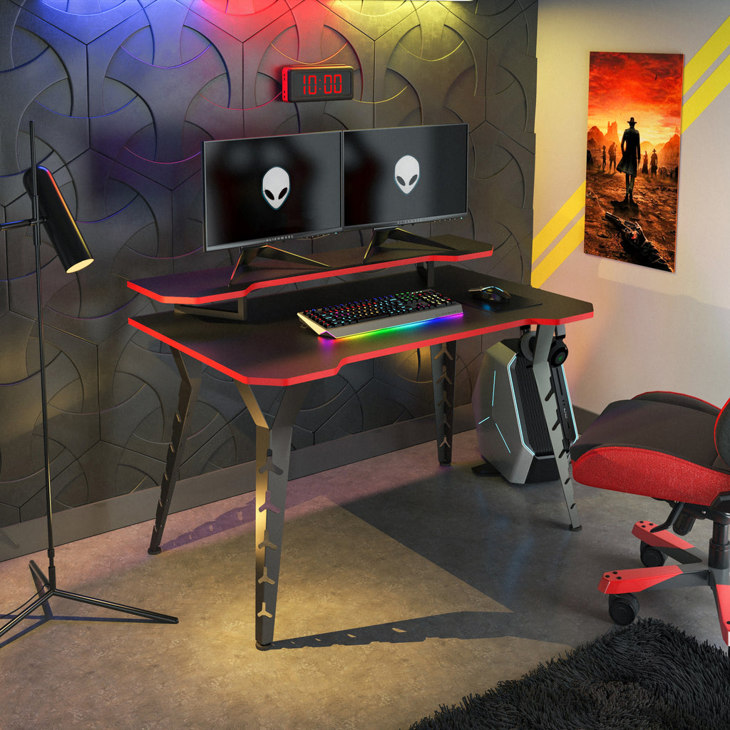 Gaming Desk – Laminated Desktop, Heavy-Duty Steel-Legs, Elevated Monitor Platform, Video Game Gadget Hook, Black