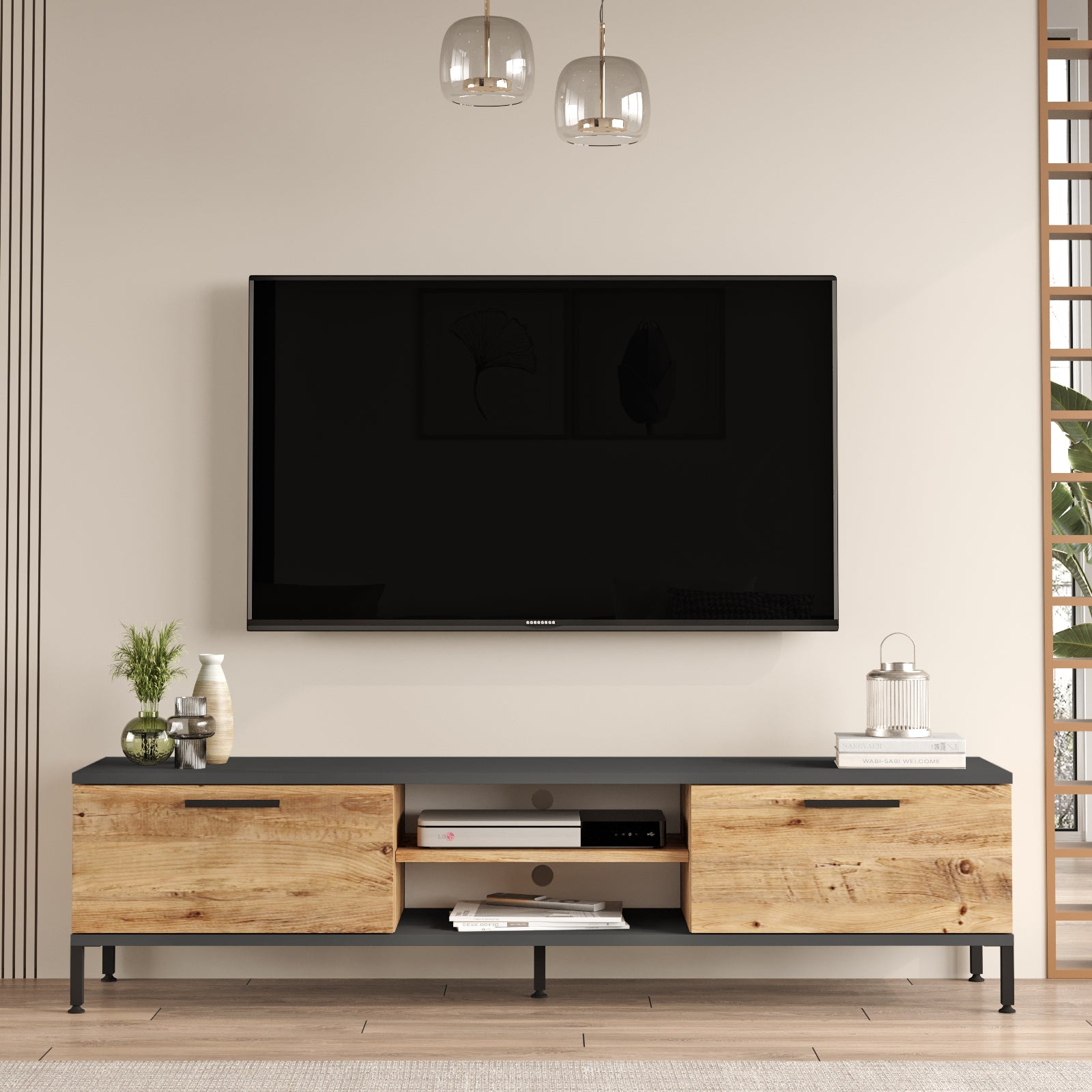 Home Canvas Empire TV Unit with Storage – Pine & Anthracite Grey | Modern TV Stand | Upto 70 inch TV