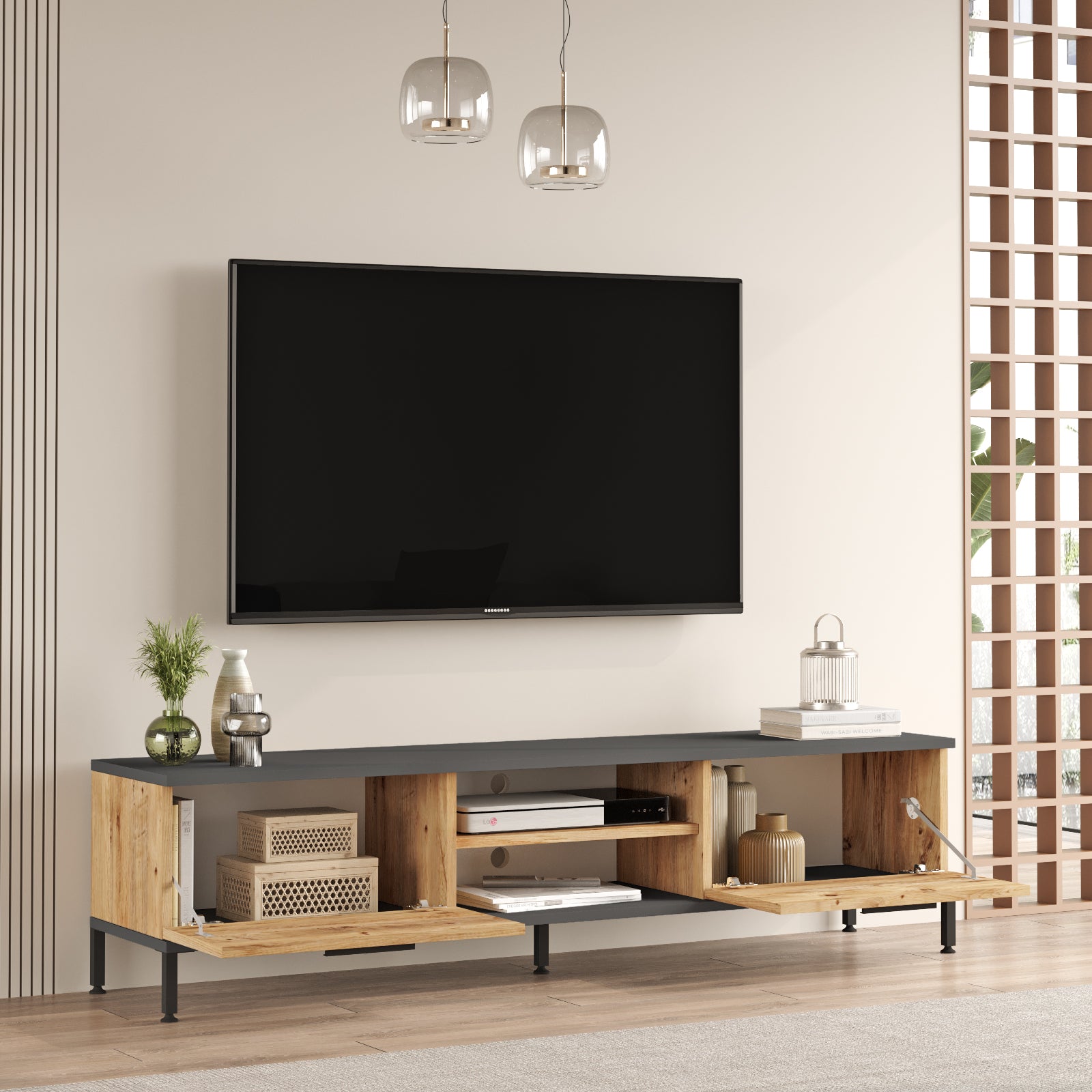 Home Canvas Empire TV Unit with Storage – Pine & Anthracite Grey | Modern TV Stand | Upto 70 inch TV