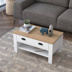 Home Canvas Coffee Table Centre Table Modern Leg Drawer Basket Walnut - White