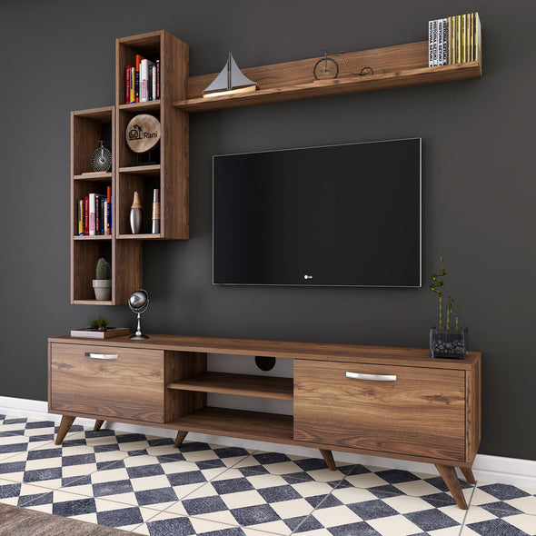 Home Canvas Tv Unit With Wall Shelf Tv Stand With Bookshelf Wall Mounted With Shelf Modern Leg 180 cm