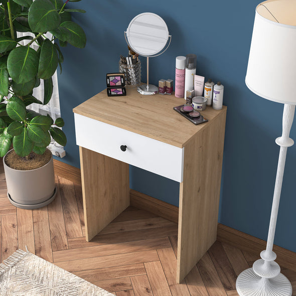 Home Canvas Modern Mini Makeup Dressing Table | Jewelry Organizer Basket with One Drawers Walnut/White