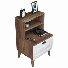 Home Canvas Bedside Table Night Stand with 2 Shelves | Night Stand with Membrane Drawer for Bedroom - White/Walnut