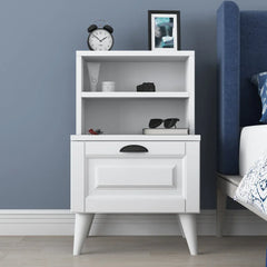 White nightstand with shelves against a gray wall in a bedroom setting.