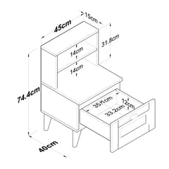 Dimensions of a small wooden shelf with drawers