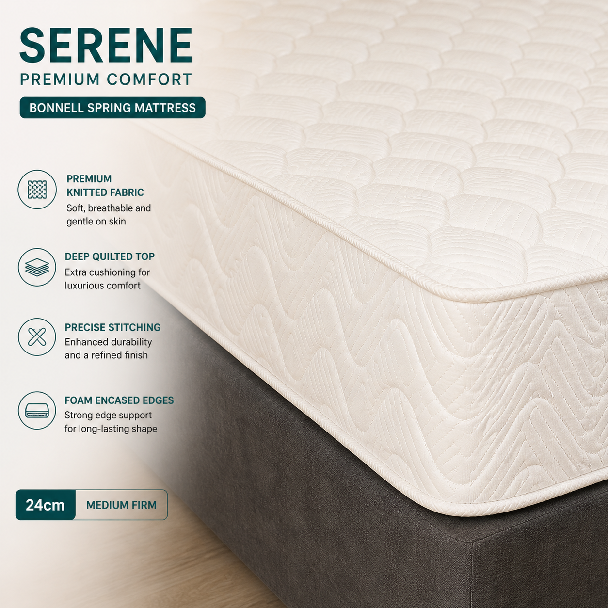 Serene Bonnell Spring Mattress 24cm thick Reversible with Knitted Fabric King 200x200cm