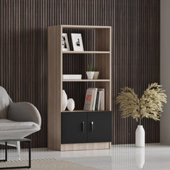Modern living room with a gray sofa, bookshelf, and large window.