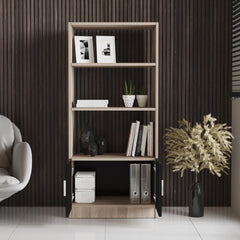 Wooden bookshelf with decorative items against a dark paneled wall.