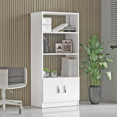 White bookshelf with decorative items in a room with a chair and plant.